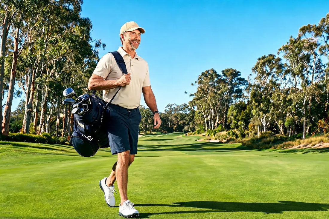 Australian golfer walking on a green golf course — foot health and toenail care for golfers