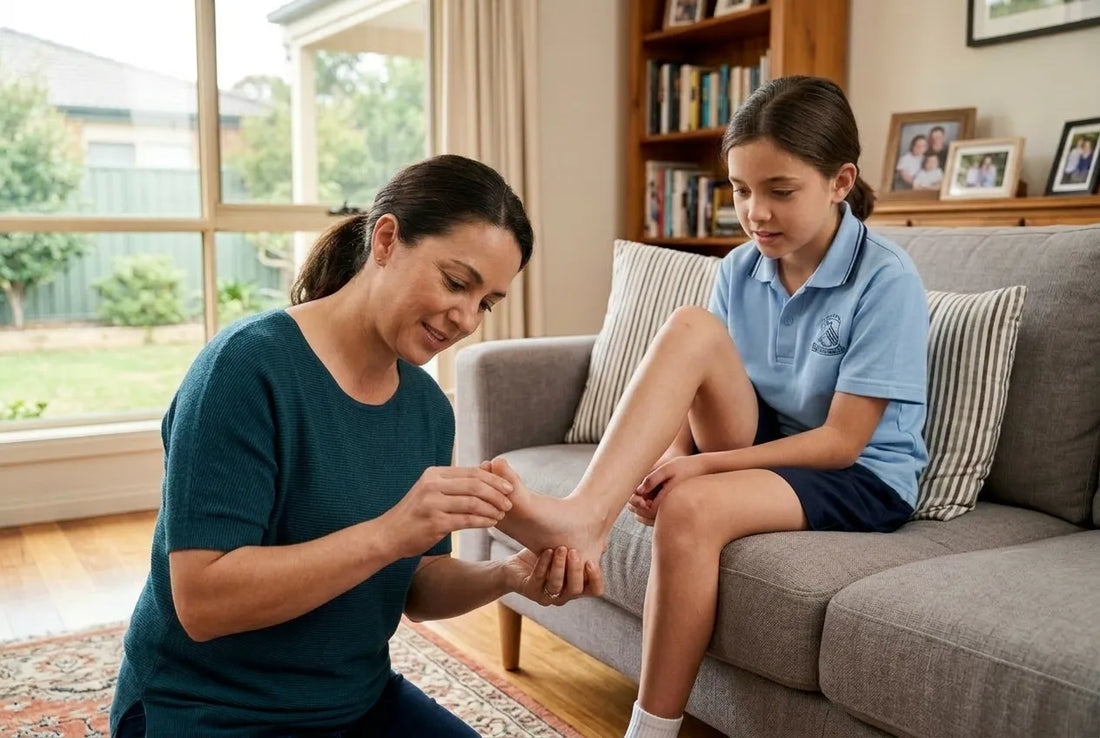 Mother checking school-aged child's foot for ingrown toenail — children and teenagers foot health