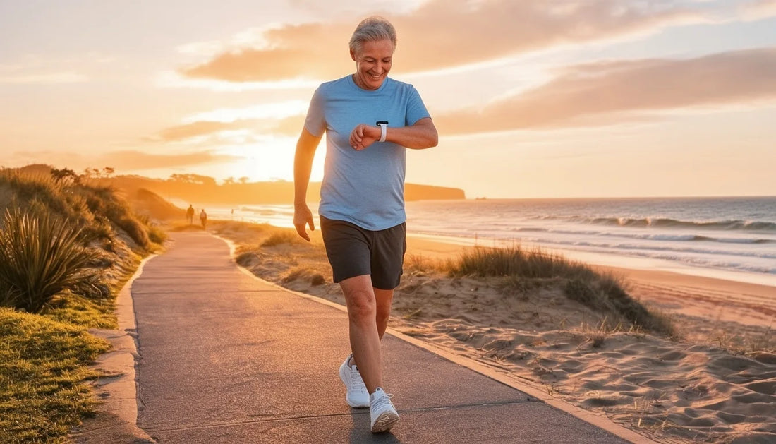 Active diabetic patient walking on an Australian beach at golden hour, wearing supportive footwear
