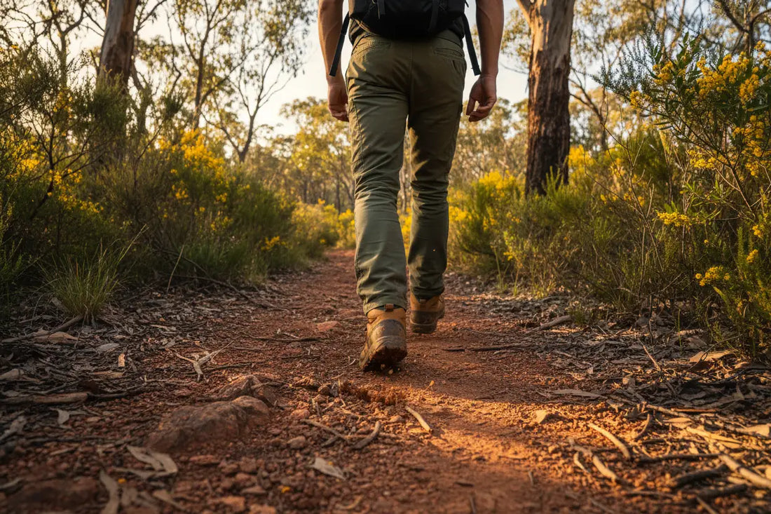 Hiker walking on an Australian bush trail — foot health and toenail care for hikers