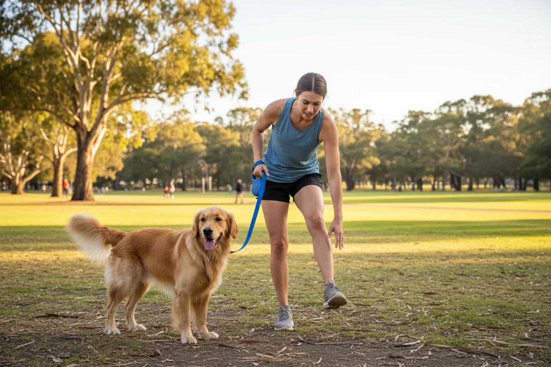 Runner with dog looking at foot in pain